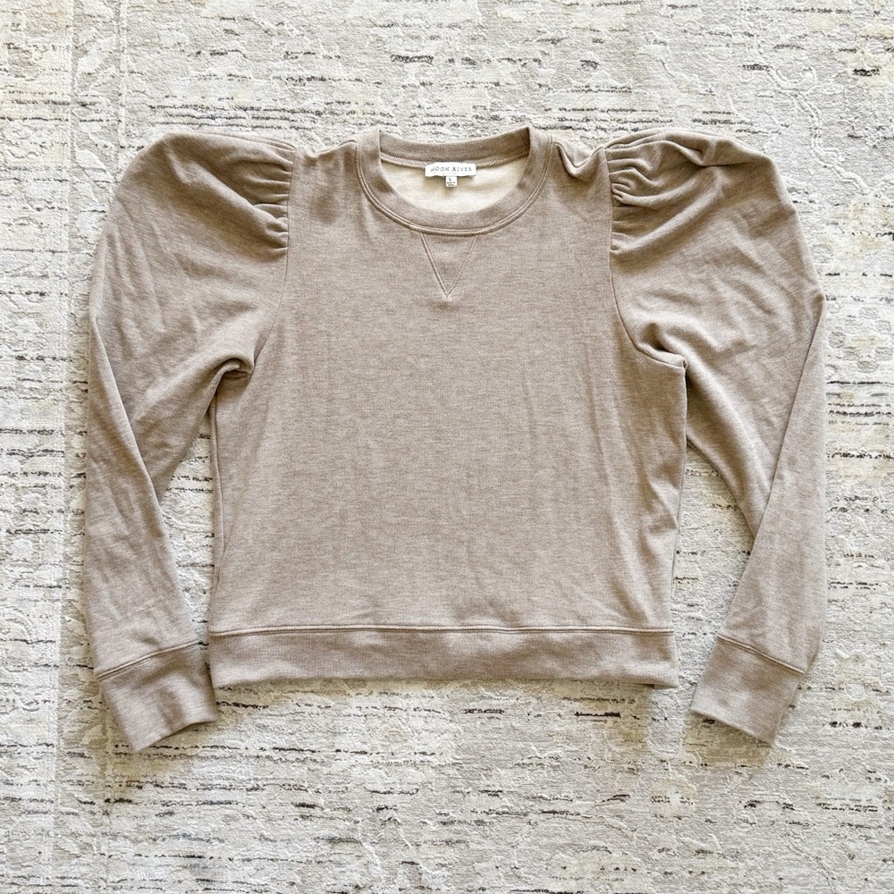 Moon River Beige Puff Sleeve Sweatshirt